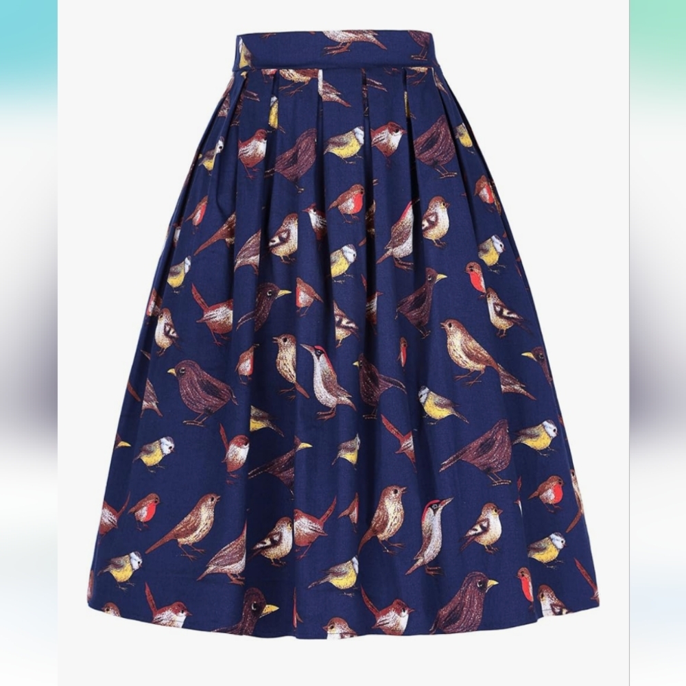 Grace Karin Blue Midi A-Line Skirt Pleated Casual